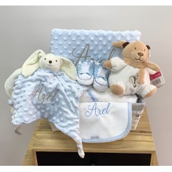 Canastilla 6 piezas: manta + dou dou + babero + capa de baño + peluche+ patuco artesano