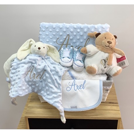 Canastilla 6 piezas: manta + dou dou + babero + capa de baño + peluche+ patuco artesano